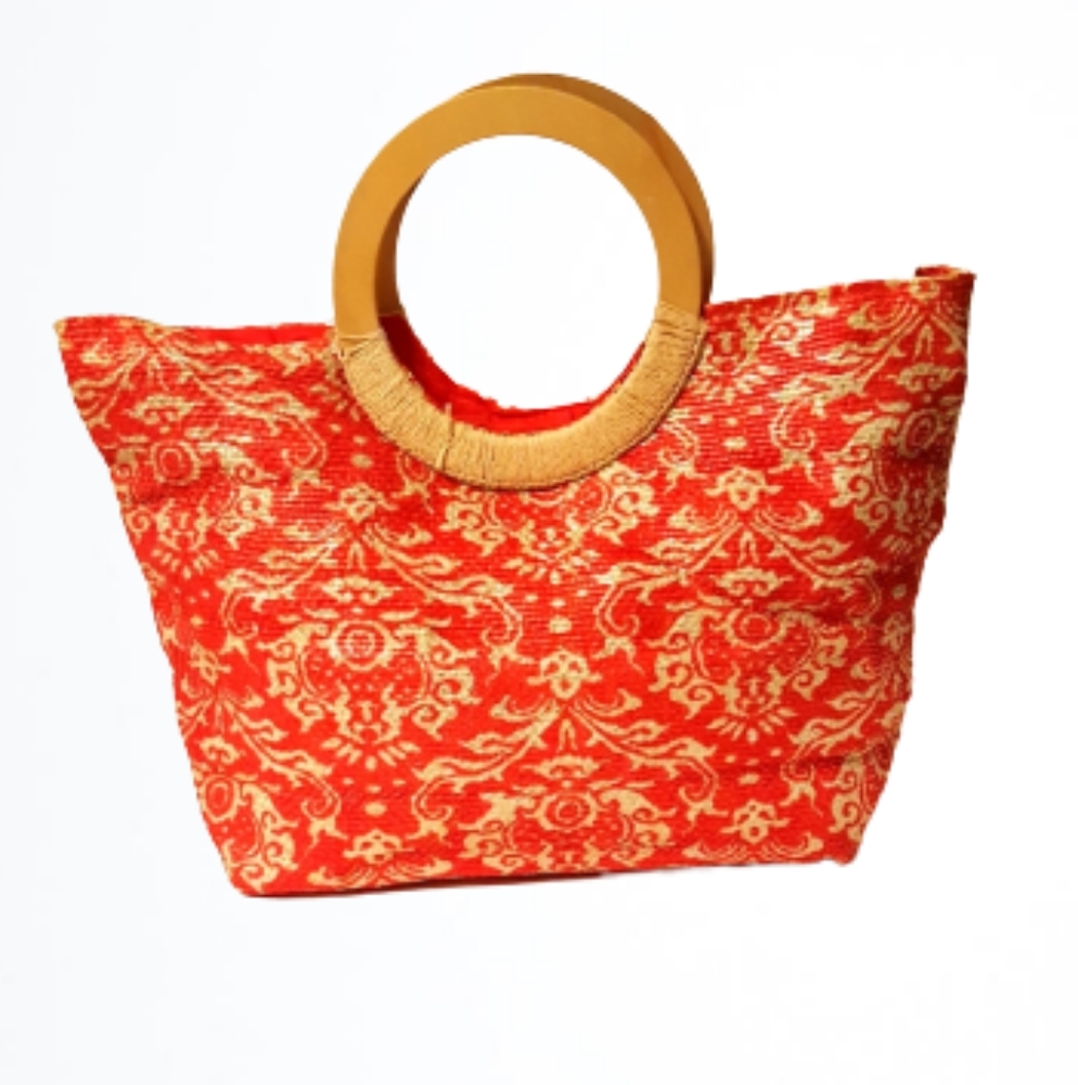 Orange Brown Wood Handle Straw Tote Bag